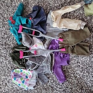 Group of doll clothes for 18" doll & crutches